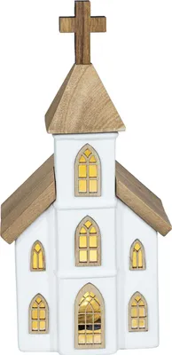 Produktbild von HGD LED-Kirche mit Holzelementen - aus Keramik - Batteriebetrieb mit Timer - 11,3 x 8 x 23 cm