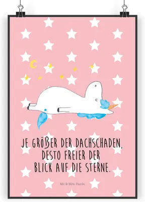 Produktbild von Mr. & Mrs. Panda Bild Einhorn Sternenhimmel DIN A3 - Rot Pastell - Geschenk, Plakat, drucke, wanddeko, Sterne, Wanddekoration, Unicorn, Verrückt, Kunstdruck, Einhörner