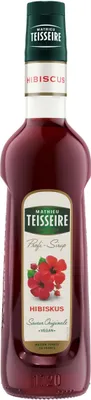 A bottle of hibiscus syrup on a white background.
