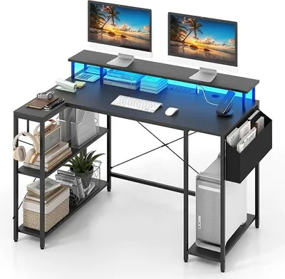 Produktbild von L-förmiger Schreibtisch mit Steckdosen & LED-Beleuchtung, 120 cm Eckschreibtisch mit Monitorständer, Regalen & Aufbewahrungstasche, Ecktisch, Gaming Computertisch (Schwarz)