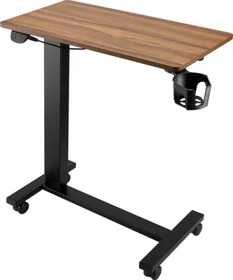 A mobile height-adjustable table with a wooden top and black metal base, shown on a white background.