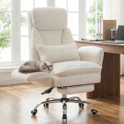 Produktbild von Bürostuhl Chefsessel Ergonomisch, Gaming Stuhl mit 5-Stufig Verstellbare Armlehnen & Fußstütze, Schreibtischstuhl mit Verstellbarer Rückenlehne & Lendenwirbelstütze aus Teddy Stoff, Weiß