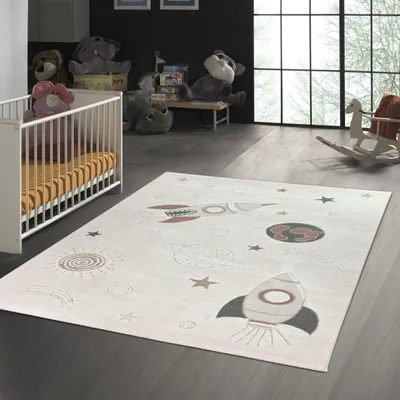 Zdjęcie produktu dla Dywan do pokoju dziecięcego planety statki kosmiczne gwiazdy w kolorze kremowo-beżowo-szarym rozmiar - 240 x 340 cm