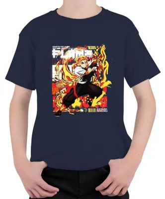 Produktbild von Kyojuro Rengoku Flammen Hashira Kimetsu no Yaiba Anime Geschenk Kinder T-Shirt, Navy, 104