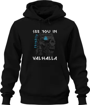 Obrázek produktu pro Uni mikina s kapucí Viking Skull Mjölnir Runes Mythology, černá, L