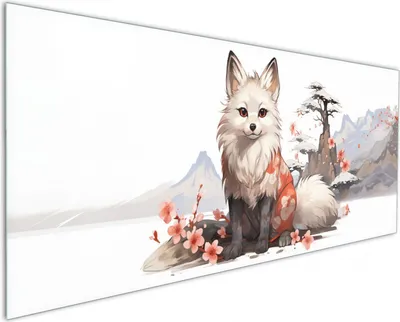 Produktbild von Wallario Küchenrückwand aus Glas, Größe: 125 x 50 cm, Motiv: Fuchs mit Kirschblüten | Spritzschutz | abwischbar | pflegeleicht | in