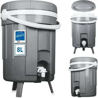 Produktbild von Getränkespender Getränkebehälter Thermobehälter 8L isoliert mit Zapfhahn und ausklappbaren Standfüßen für Camping Sport Freizeit Grau