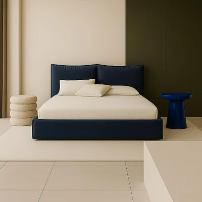 Produktbild von Sofello Polsterbett  Blau Doppelbett mit Reißverschluss Abnehmbare Kissen Liegefläche 180 Samt Weich Angenehm Bequemes Kopfteil