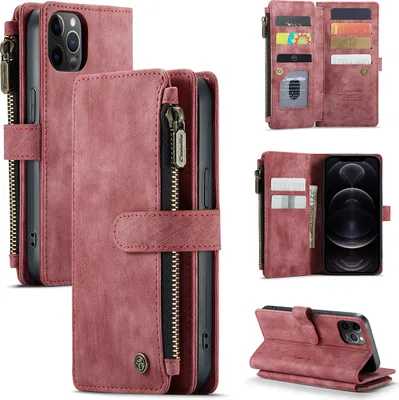 Obrázek produktu pro pouzdro na mobilní telefon iPhone 12 / 12 Pro, zapínání na zip,Polyuretankožené flipové pouzdro s magnetickým zavíráním, držák na karty, funkce stojánku, peněženka, ochranné pouzdro pro iPhone 12 / iPhone 12 Pro, červené