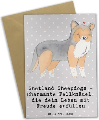 Produktbild von Mr. & Mrs. Panda Glückwunschkarte Shetland Sheepdog Glücksbringer - Grau Pastell - Geschenk, Hunderasse, Hunderassen, intelligenter Hund, Charakter, Grußkarten, Grußkarte