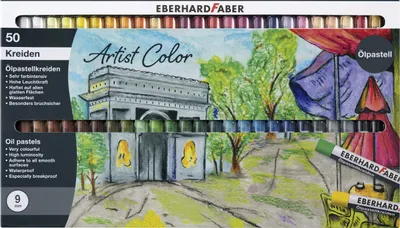 A box of Eberhard Faber oil pastels with an artistic illustration of a Parisian scene.