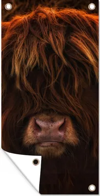 Produktbild von MuchoWow® 30x60 cm Outdoor-Poster Gartendeko Sichtschutz Garten Poster für den Garten  Schottischer Highlander - Kuh - Schwarz - Porträt
