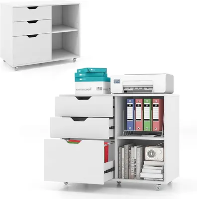 A white rolling storage cabinet with drawers and shelves, shown with a printer and office supplies on top and inside.