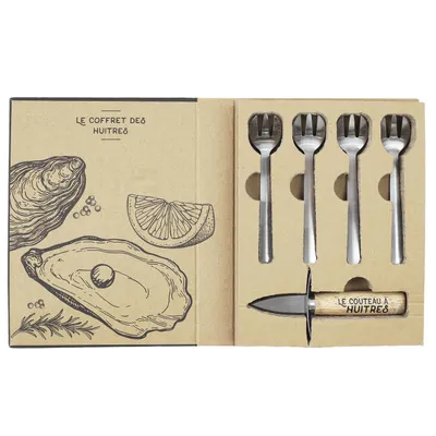 Produktbild von Austernset mit Messer und Gabeln – Komplettes Set zum Öffnen von Austern – Inklusive 4 Edelstahl-Austernforken und Austernmesser mit Holzgriff – Braun