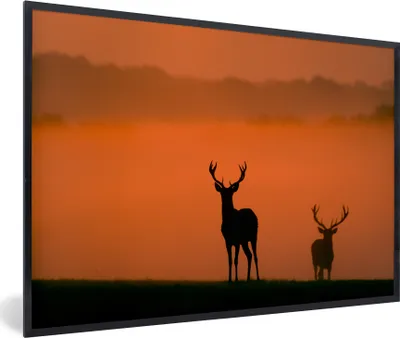 Produktbild von MuchoWow® Gerahmtes Poster Hirsch - Scherenschnitt - Nebel 30x20 cm - Poster mit Schwarzem Bilderrahmen Wandposter Rahmen Foto Bilder - Kunstdruck - Bild-Poster