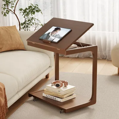 C-Beistelltisch Holz, Rollen, verstellbar, 60 cm, Nussbaum