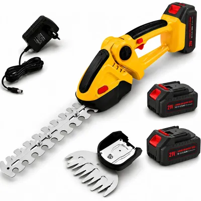 Produktbild von 2-in-1 Akku Heckenschere mit 2×2000mAh Akkus,3/4" Schnitt,2000RPM,Sicherheitsschalter,90° Drehbarer Kopf,Leicht,Leise,Gelb