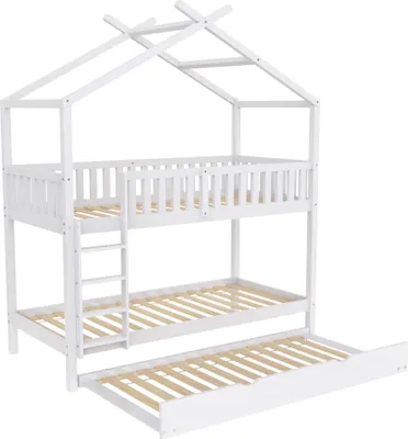 Image de OKWISH Lit Superposé Enfant 90x200 Cm - Avec Lit Tiroir 3 Lits Et Rampe De Sécurité, Bois De Pin, Sans Matelas - Blanc