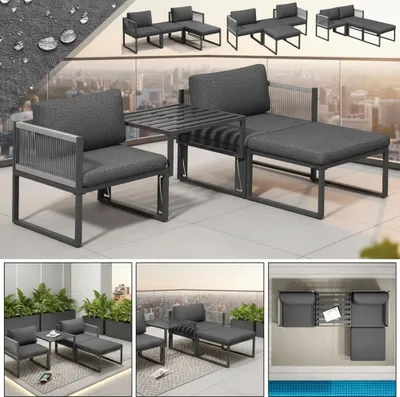 A collage of images showcasing a modular outdoor furniture set, including seating, a table, and planters, in various configurations and settings.