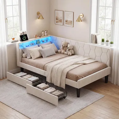Imagen del producto de Cama tapizada de 90x200 cm en color beige, con cajones de almacenamiento, estructura de terciopelo con sistema LED, puerto USB, cama individual acolchada con somier, ideal para dormitorios juveniles, Imagen generada por IA