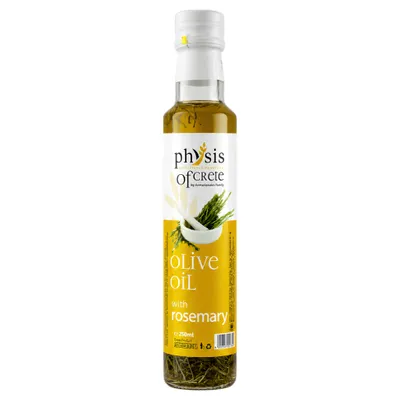 Physis of Crete Rosmarin-Olivenöl Extra Native 250 ml Flasche auf weißem Grund