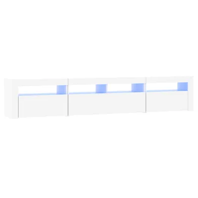 A white TV stand with LED lighting.