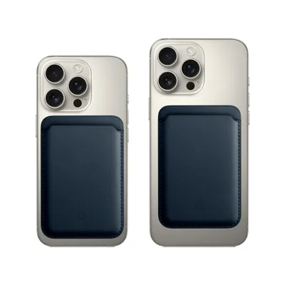 Two iPhones with attached card holders are shown against a white background.