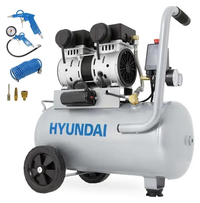 Produktbild von HYUNDAI Silent Kompressor SAC15024 SET (Druckluftkompressor leise, ölfrei, Flüsterkompressor, Compressor flüsterleise, 67dB, 24L Kessel, 9bar, 1.5kW, 202L/Min)
