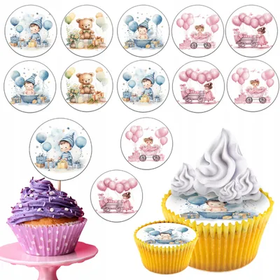 Zdjęcie produktu dla Opłatek Na Babeczki Muffinki Zestaw Na Urodziny 12Szt - Dziecko Baby Shower