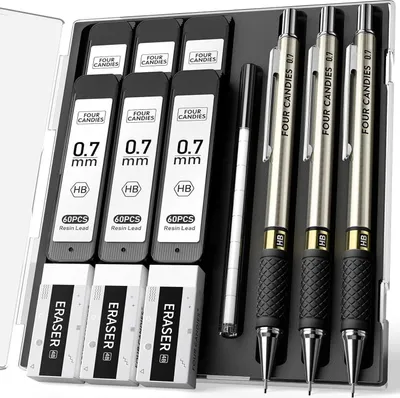 Zdjęcie produktu dla Zestaw ołówków mechanicznych 0,7 mm z metalowymi końcówkami HB 360 szt. 3 gumki, etui - do pisania i rysowania