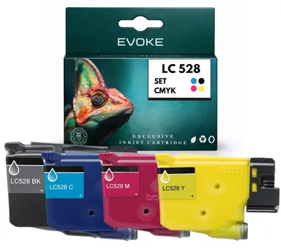 Image de Encres compatibles Evoke pour imprimantes Brother LC-528XL LC528XL LC-528 LC528, lot de 4 couleurs CMJN : noir, cyan, magenta, jaune, contenance 269 ml, compatibles avec les modèles MFC-J6560DW, J6760DW, J6960DW, J6975DW, J6977DW, Image générée par une IA
