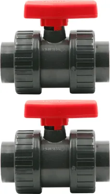 Produktbild von HAF 2x PVC 2 Wege Kugelhahn Roter Griff mit 50mm | Klebemuffe x Klebemuffe | Absperrhahn aus grauem PVC-U | PN16 für PVC Verrohrung, Pool & Teich