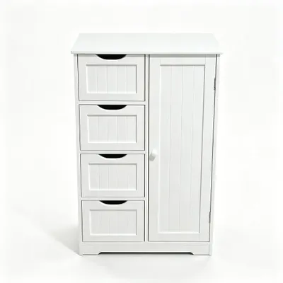 Produktbild von Weiße Kommode mit 4 Schubladen und 1 Tür, Stauraumschrank aus Holzfaser, Moderner Schrank für Flur, Schlafzimmer und Wohnzimmer