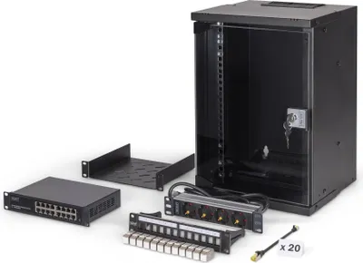 Obrázok produktu pre Digitus DN-49103-SET, Nástenný regál, 9U, 60 kg, Zámok, Koľajnice racku, Vylepšená správa káblov