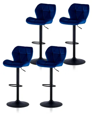 Produktbild von 4er Set Barhocker aus Samt, Höhenverstellbarer Drehhocker mit Rückenlehne und Fußstütze, Metallrahmen, Blau