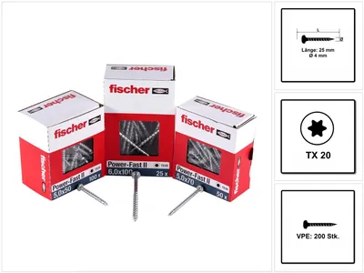 Produktbild von Fischer Spanplattenschraube 4,0x25 PowerFast FPF II PTF BC, Panhead, Innenstern TX, Vollgewinde