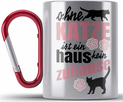 Produktbild von Trendation - Katze Edelstahl Tasse Karabinern Katzenbesitzer Geschenk Katzen Geschenkidee Lustige Edelstahl Tasse Karabiner mit Spruch Kater Katzenmama (Rot)