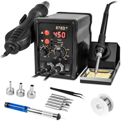 Produktbild von 878D+ Lötstation - 2-in-1 Heißluftpistole und Lötkolben - LCD-Doppelanzeige - SMD-Nachlöten - 220 V AC - EU-Stecker