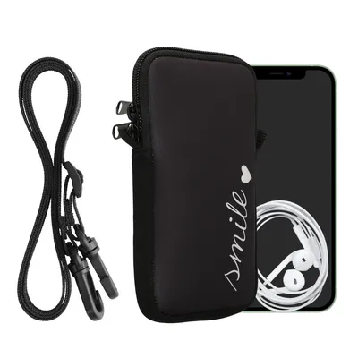 Produktbild von kwmobile Handytasche für Smartphones XXL - 7" - Neopren Handy Hülle Weiß Schwarz - Handy Tasche mit Kette 17,7 x 8,5 cm Innenmaße - Smile Herz