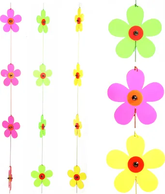 Hanging flower garlands with multiple flowers in different colors.