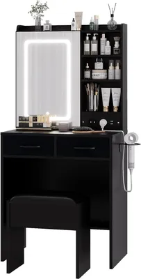 Imagen del producto de Tocador moderno con espejo, amplio espacio de almacenamiento, taburete acolchado, mesa de maquillaje para dormitorio, 57 x 24 x 137 cm, color
