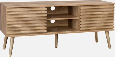 A wooden TV stand with slatted doors and angled legs, presented against a plain white background.