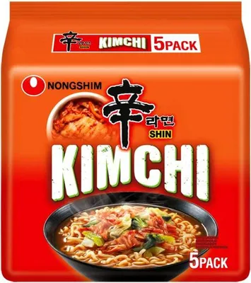 The image shows the front packaging of a 5-pack of Nongshim Shin Kimchi Ramyun instant noodles.