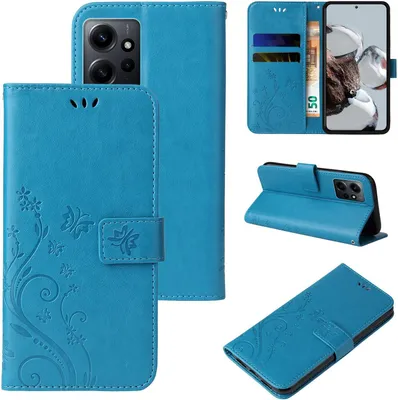 Produktbild von Handyhülle für Xiaomi Redmi Note 12 Floral Blumen Schmetterling Flip Cover Hülle Case Klapphülle Handytasche Farbe: Blau