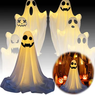 Imagen del producto de Guirnalda de luces de Halloween con forma de fantasmas, funciona con pilas, luces fantasma de pie de 85 cm, altura ajustable, ideal para decoración de exteriores, fiestas en casa y jardines