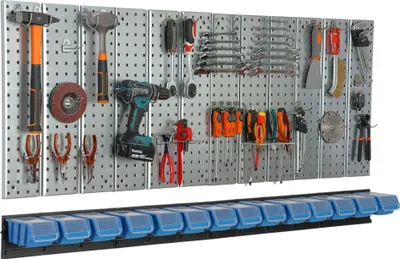 Produktbild von Werkzeugwand 156x72 cm Metall Lagersystem mit Werkzeughaltern Werkzeughaken und 14 Stapelboxen 100 x 150 x 70 mm Farbe: blau Lochbrett Werkstatt Garage Steckbrett Elektrowerkzeuge Lochwand