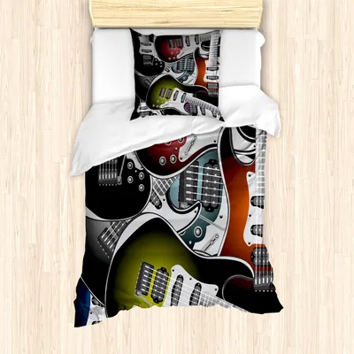 Produktbild von ABAKUHAUS Popstar-Party Mantele, Bunte Gitarren, Milbensicher Allergiker geeignet mit Kissenbezügen, 135 cm x 200 cm - 80 x 80 cm, Mehrfarbig