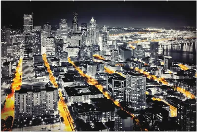 Produktbild von Wallario Wandbild Großstadt bei Nacht - Seattle in schwarz weiß gelb, Größe: 61 x 91,5 cm, Poster mit rahmenlosen Bildhalter