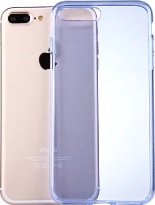 A gold iPhone 8 Plus/7 Plus is shown next to a transparent blue phone case.