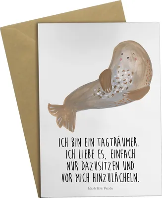 Produktbild von Mr. & Mrs. Panda Grußkarte Robbe Lachen - Weiß - Geschenk, osterkarten, hochzeitskarten, Strand, Nordsee, einladungskarten, weihnachtskarten, Seehund, Lustige Sprüche